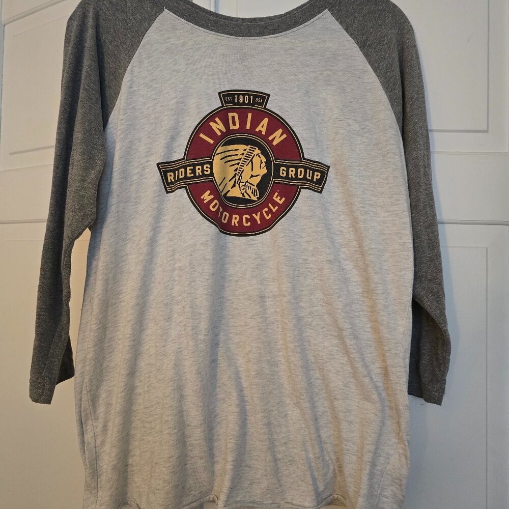 Women's Large Indian Motorcycle Riders Group Baseball 3/4 sleeve shirt, PreOwned